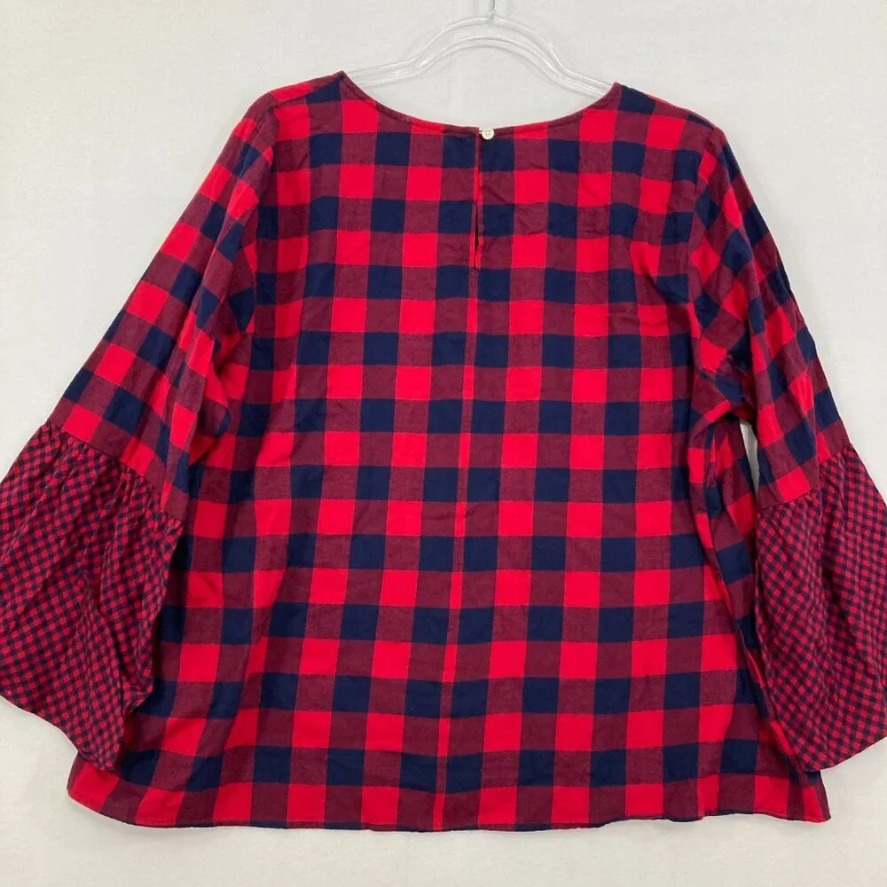 New J. Crew size 18 Blue Red Plaid Crew Neck Light Flannel Cotton Blouse‎ Preppy